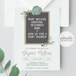 Letterboard bebé ducha invitación, bebé niño en el camino, baby boy shower, gris carta-tablero, editable, cambiar colores, descarga digital