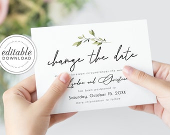 Change the Date Card, Postponed Wedding, Wedding Date Change, Greenery Change our Date Card, Editable Text, Printable, Digital Download