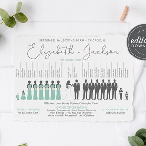 Silhouette Wedding Program, Ceremony Wedding Program, Spring Wedding Program Printable, Program Template, Gray and Teal, Digital Download image 2