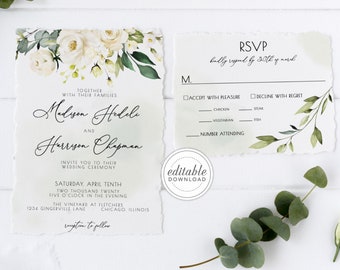 Andrea - White Roses Greenery Wedding Invitation Set, Watercolor Boho Wedding Invitation Template Suite, Digital Download