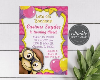 Curious George Birthday Invitation Girl, Monkey Birthday Invite, Wild and Three, Girl Curious George Birthday Party Invite, Digital Download