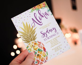 Colorful Pineapple Birthday, Invitation, Tropical Invitation, Luau Birthday, Hawaiian Invitation, Aloha, Gold, OLDP_301 Digital Download