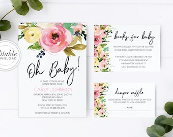 Oh Baby Shower Invitation, Baby Shower Invitation Girl, Baby Shower Invitation, Floral Baby Shower Invitation, Digital Download- Carli