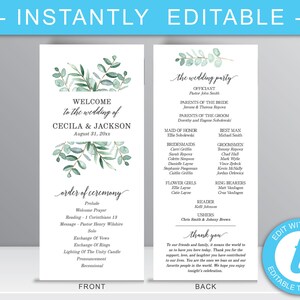 Greenery Wedding Program Template, Printable Greenery Program, Editable Wedding Program, Simple Wedding Program, Digital Download - Cecilia