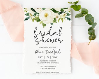 Olivia - White Floral Greenery bridal shower Invitation, bridal brunch invitation, greenery shower invitation, bridal shower template