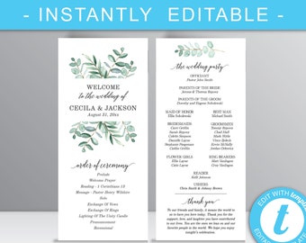 Greenery Wedding Program Template, Printable Greenery Program, Editable Wedding Program, Simple Wedding Program, Digital Download - Cecilia