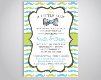 Little Man Baby Shower Invitation, Bow Tie, Mustache, Green and Blue Baby Shower, Vintage, Baby Sprinkle, OLDP05,  Digital Download