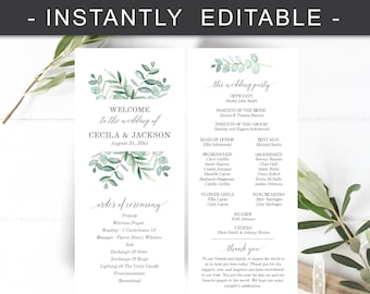 Eucalyptus Wedding Program, Greenery Wedding Program, Printable, Order of Ceremony, Simple Wedding Program Digital Download - Cecilia