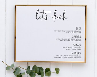 Salee - Wedding Bar Menu Template, Drink Sign, Printable Bar Menu, Wedding Drinks Menu, Bar Menu Sign Poster, Horizontal, Digital Download