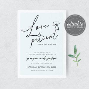 Liebe ist geduldig und so sind wir, ändern Sie die Datumskarte, verschoben Hochzeit, Hochzeit Datum ändern, unsere neue Datumskarte, druckbare, digitale Download