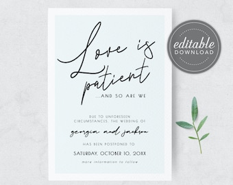 Love is Patient and so are we, Change the Date Card, Postponed Wedding, Wedding Date Change, Our new date card, Printable, Digital Download