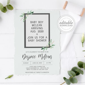 Letterboard bebé ducha invitación, bebé niño en el camino, baby boy shower, carta blanca, editable, cambiar colores, descarga digital