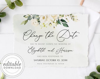 Andrea - Change the Date Card, Postponed Wedding, Wedding Date Change, White Roses and Greenery, Editable Text, Printable, Digital Download