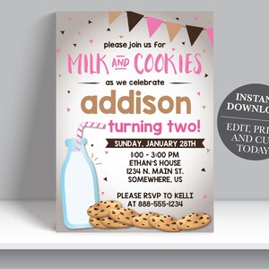 Milk and Cookies Birthday invitation, chocolate chip cookie birthday party invite, girl pink & brown birthday invitation Digital Download