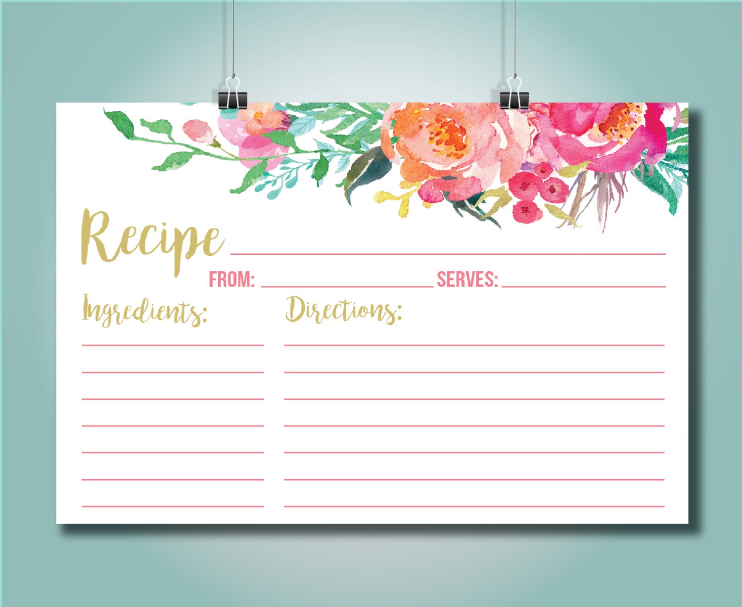 Colorful Floral Recipe Card Printable File 4 X 6 Recipe Card | Etsy