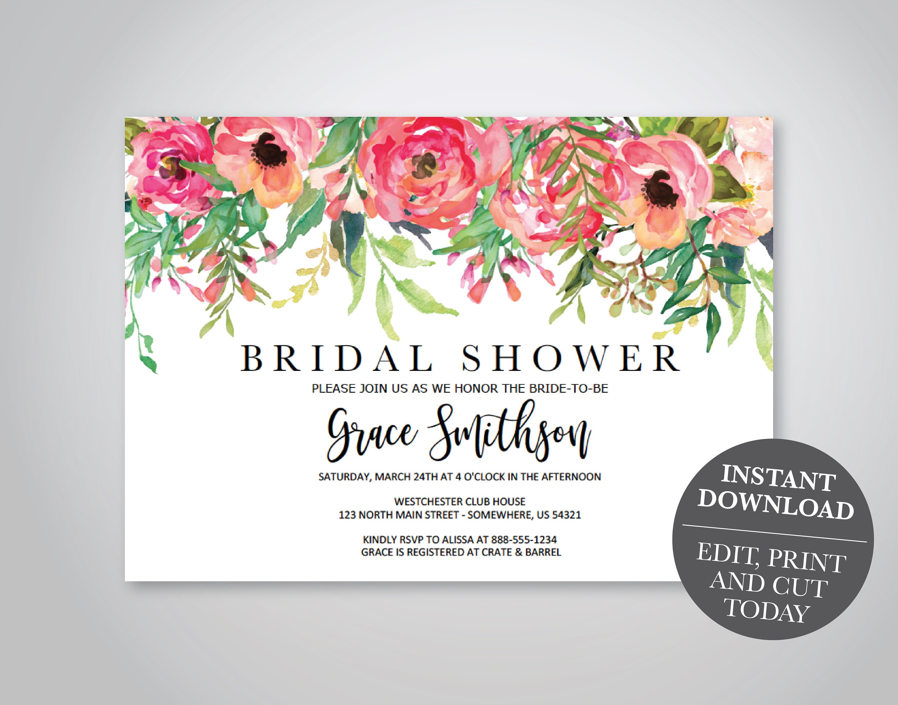 花のブライダル シャワー招待状、招待状 PDF テンプレート、ブライダル シャワー、ピンクの花、デジタル ダウンロード - Etsy 日本, image size:3000x2357