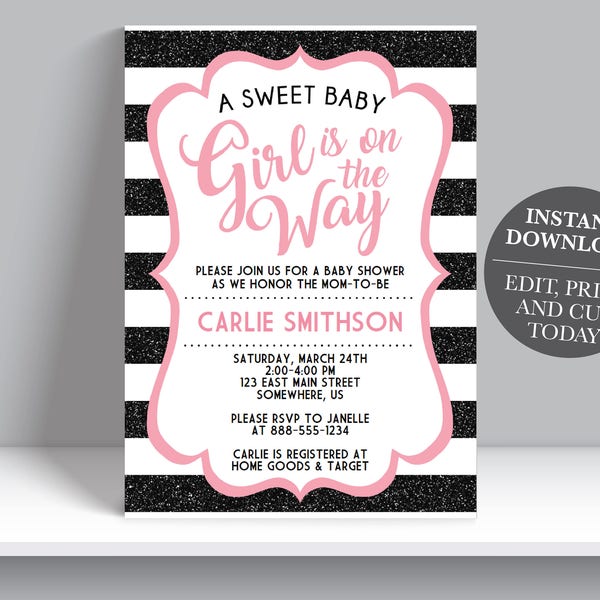 A Sweet Baby Girl is on the Way, Girl Baby Shower Invitation, Pink and Black Stripes,  baby shower invite,  Digital Download
