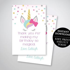Unicorn Birthday Thank You Card, Rainbow Magical Thank You Card, Unicorn Birthday Party, 4x6, OLDP10 Digital Download