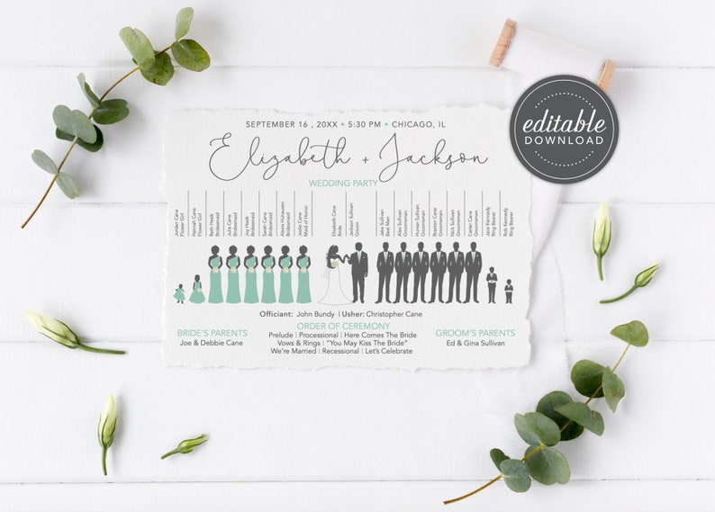 Silhouette Wedding Program, Ceremony Wedding Program, Spring Wedding Program Printable, Program Template, Gray and Teal, Digital Download image 2