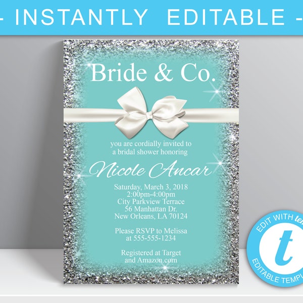 Bride & Co. bridal Shower Invitation, Breakfast at Tiffanys, White bow Theme Invitation,  Digital Download - Nicole