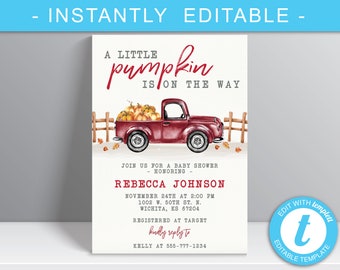 A Little Pumpkin Red Truck Baby Shower, Watercolor A Little Pumpkin is on the way, Fall Baby Shower Invitation, Digital Download