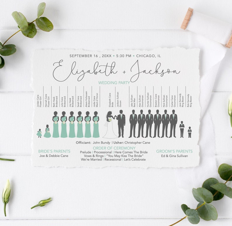 Silhouette Wedding Program, Ceremony Wedding Program, Spring Wedding Program Printable, Program Template, Gray and Teal, Digital Download image 1