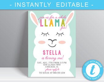 Whole Llama Fun Birthday invitation, Girls Llama Birthday Invitation, Fiesta, Printable Invitation Editable , OLDP710, Digital Download