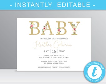 Heather - Gold Floral Baby Shower Invitation, Shower Invites, Girl Baby Shower, Editable, Blush Greenery Gold Floral, Digital Download