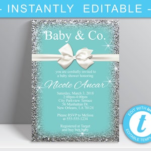 Baby & Co. Baby Shower Invitation, Breakfast at Tiffanys, Teal baby shower invitation, bow, sparkles, Digital Download Nicole image 2