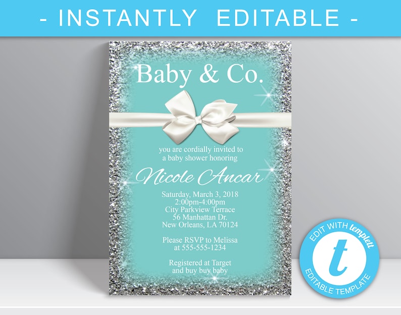 Baby & Co. Baby Shower Invitation, Breakfast at Tiffanys, Teal baby shower invitation, bow, sparkles, Digital Download Nicole image 2