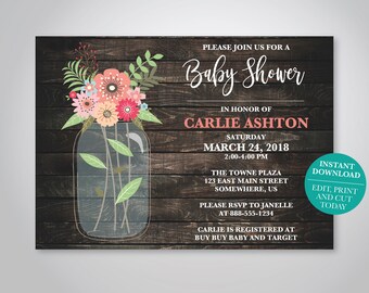 Mason Jar Baby Shower Invitations, Rustic Southern Floral and Brown Wood Baby Shower Invitation,  Digital Download