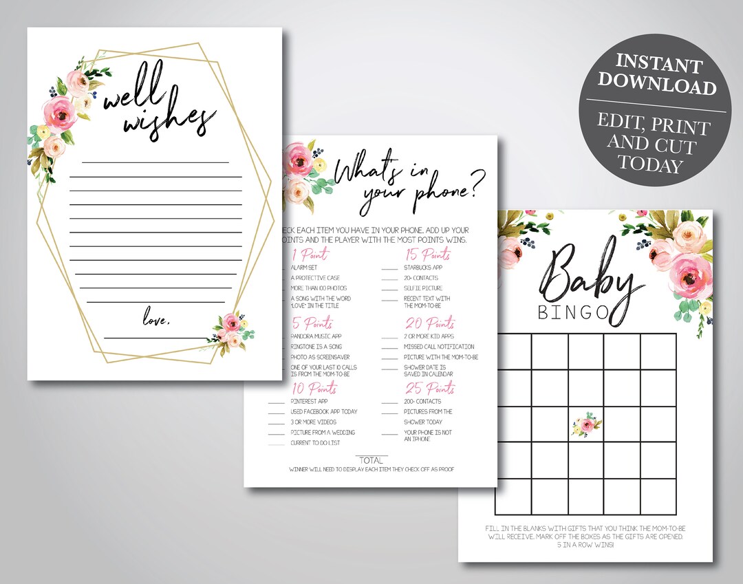 Floral Baby Shower Games Pack Floral Printable Baby Shower Etsy