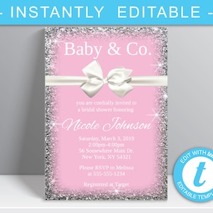 Baby & Co. Baby Shower Invitation, Breakfast at Tiffanys, Pink baby shower invitation, bow, sparkles,  Digital Download - Nicole