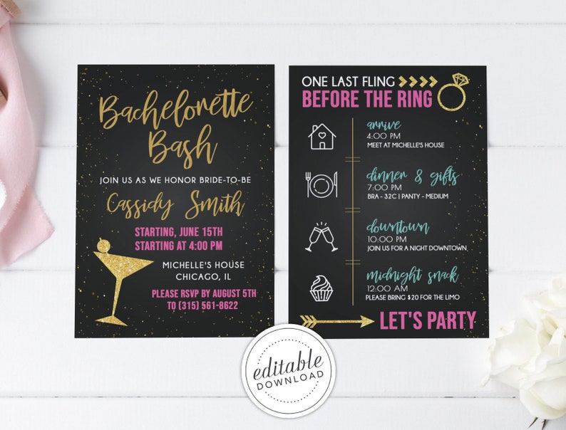 Cassidy Bachelorette Party Invitation, Bachelorette Weekend Invitation, Bachelorette Bash Invitation, Gold and Hot Pink, Digital Download image 1