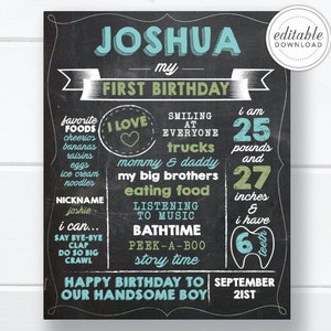 Birthday Chalkboard Poster Printable, Boy First Birthday, 1st Birthday Chalkboard, Birthday Stats Sign, Milestone Poster Sign - Digital
