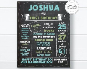 Birthday Chalkboard Poster Printable, Boy First Birthday, 1st Birthday Chalkboard, Birthday Stats Sign, Milestone Poster Sign - Digital