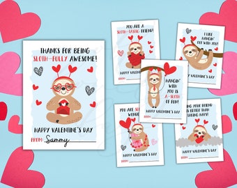 Instant Download - Sloth Valentine's Day Cards - Printable Instant Download - Cute Sloth Theme Valentines - Set of 6 - 2.75" x 3.75"