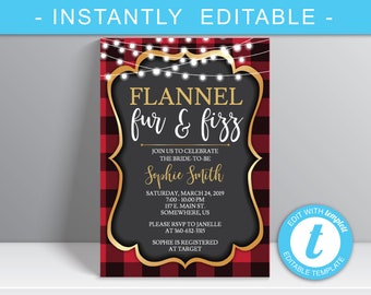 Flannels Fur and Fizz Holiday Party Invitation, Christmas Party, Faux Gold, Buffalo Plaid, 857312 Digital Download