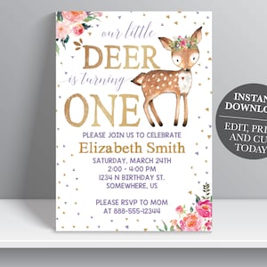 Deer Birthday Invitation, Our little deer first birthday, Woodland Birthday Invitation, Girl Birthday Invitation, One, Digital Download