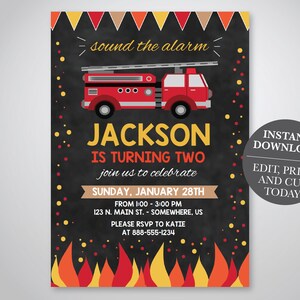 Firetruck Birthday Invitation, Fire truck Invitation, Fireman Invitation, Firefighter Invite, Chalkboard,  Digital Download