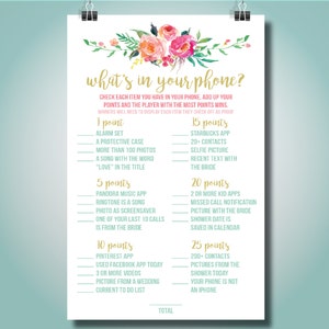 What&#39;s in your phone game, Colorful Floral wedding game, Wedding shower game, Digital Download, - Melanie