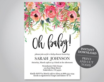 Floral Oh Baby Shower Invitation,  Invitation PDF Template, Baby Shower, Pink Flowers,  Digital Download