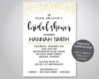 Gold Heart and Black Bridal Shower Invitation, Faux Gold Foil, heart, polka dots, engagement party invitation,  Digital Download