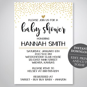 Gold Heart and Black Baby Shower Invitation, Gold dots, heart, polka dots, neutral baby shower invitation,  Digital Download