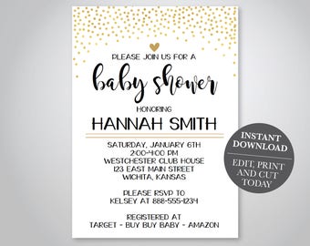 Gold Heart and Black Baby Shower Invitation, Gold dots, heart, polka dots, neutral baby shower invitation,  Digital Download