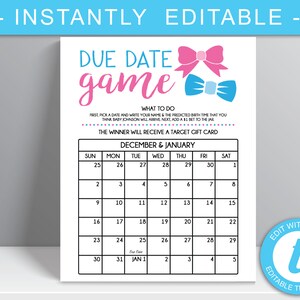 Due Date Game 16x20 Poster File, , Gender Reveal Party, Guess the Due Date Game, Prediction Calendar, Baby Shower Game, Digital Download image 1