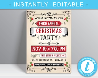 Christmas Party Invitation, Holiday Party Invitations, Vintage Holiday Party, DIY, Editable Templett, Printable 5x7 invite, Digital Download