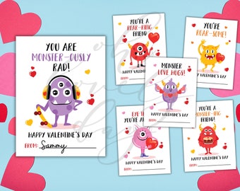 Instant Download - Monster Valentine's Day Cards - Printable Instant Download - Cute Monster Theme - Set of 6 - 2.75" x 3.75"