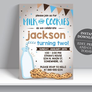 Milk and Cookies Birthday invitation, chocolate chip cookie birthday party invite, boy blue and brown birthday invitation Digital Download