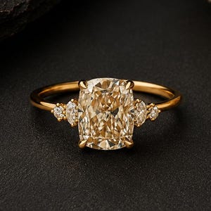 May include: A gold ring featuring a large, central cushion-cut champagne-coloured gemstone held by four prongs. The band is accented on each side by a small marquise-cut stone and a tiny round-cut stone, creating a delicate and symmetrical design.